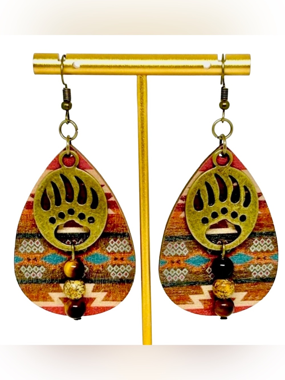 Handmade Wood Bear Claw Earrings with Natural Tiger Eye Gemstones!